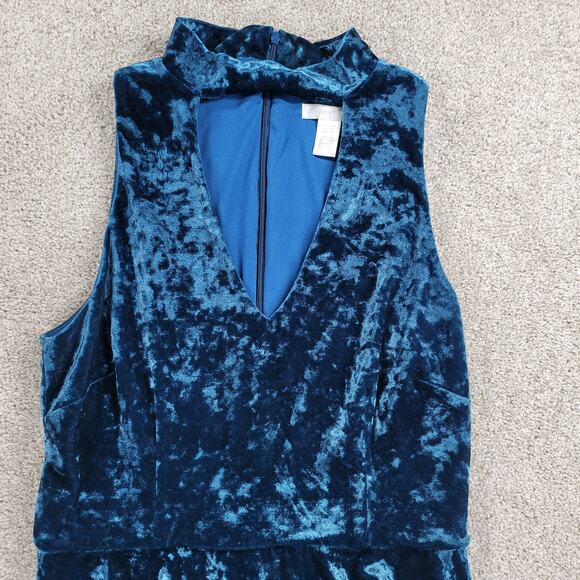 London Times Velvet Burn Out Dress Womens 8 Blue Cutout V Neck Band Collar Party - Picture 9 of 15
